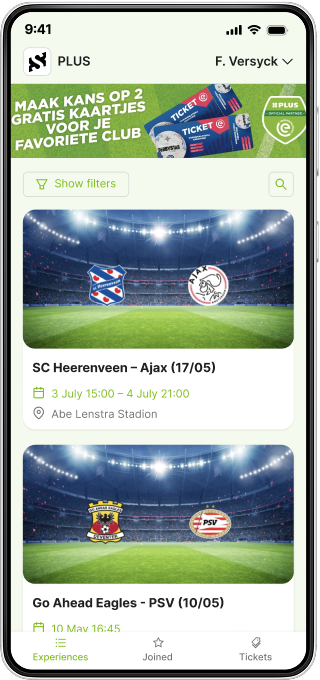 PLUS app showing the VriendenLoterij Eredivisie experiences list